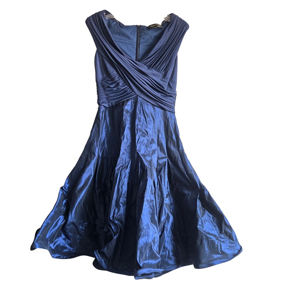 Tadashi Shoji 8 Cocktail Dress Womens Navy Blue Excellent Satin Jersey Pleated